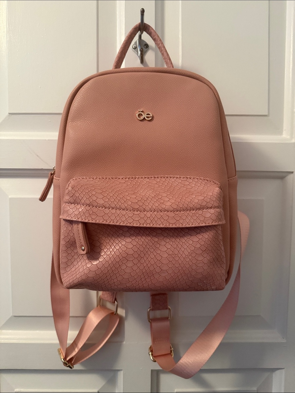 Women's Blush Pink Faux-Leather Backpack with Textured Front Pocket